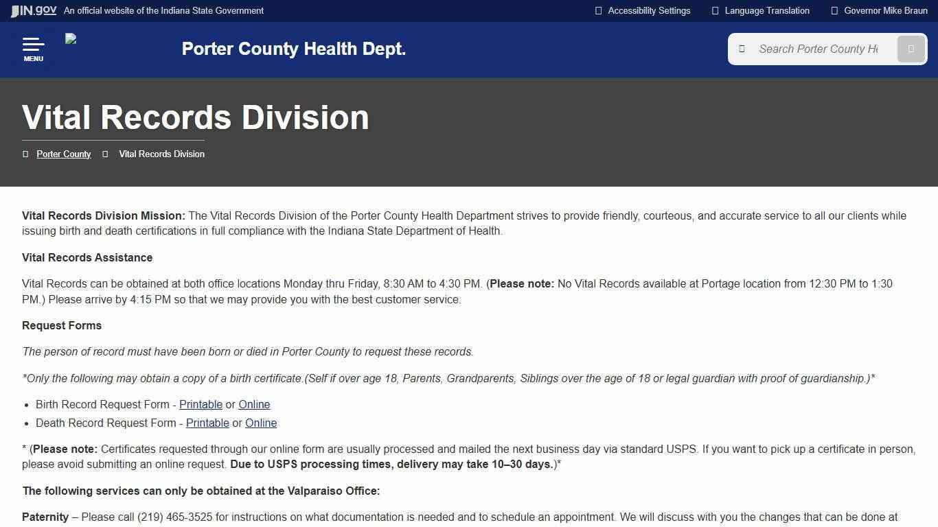 Porter County: Vital Records Division
