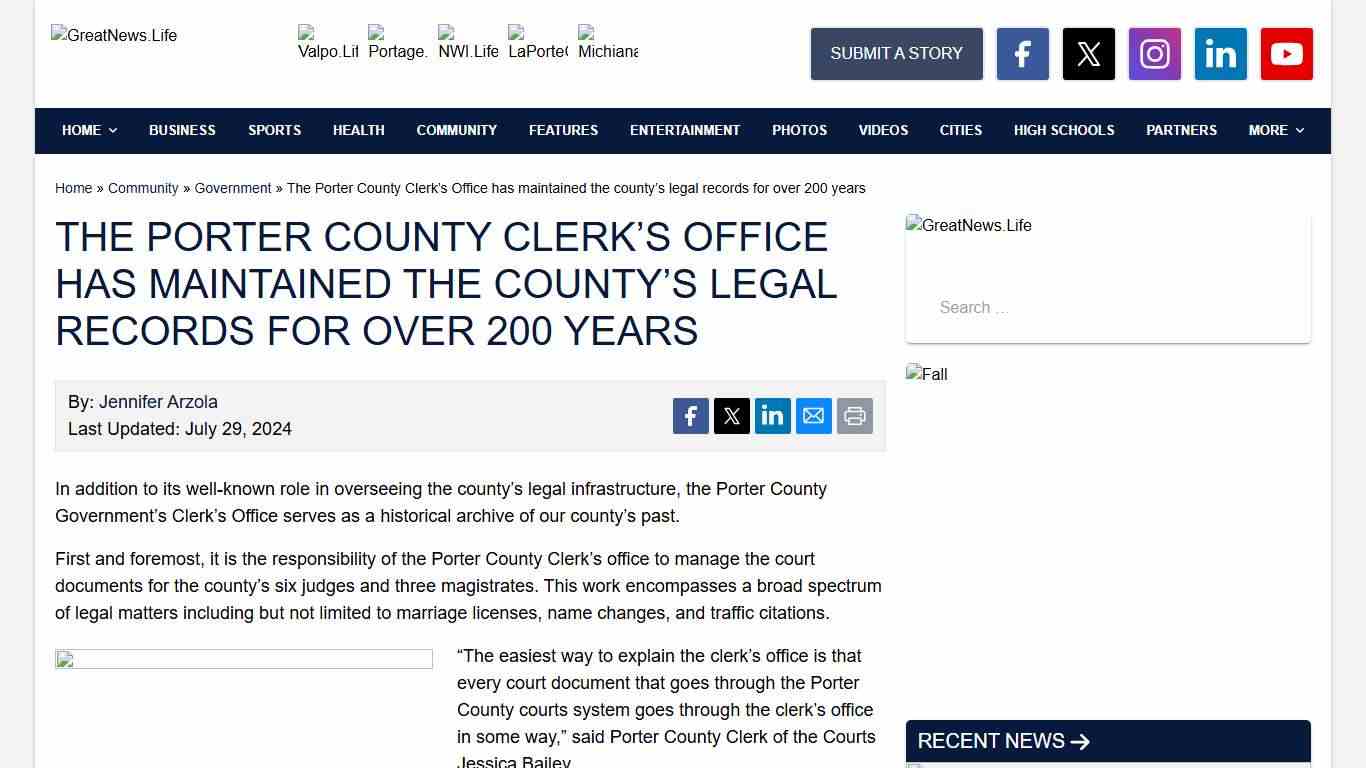 The Porter County Clerk's Office has maintained the county's legal records for over 200 years - GreatNews.Life